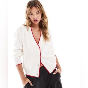 Mango MNG Preppy Academia White Varsity Button Cardigan with Red Trim SZ M